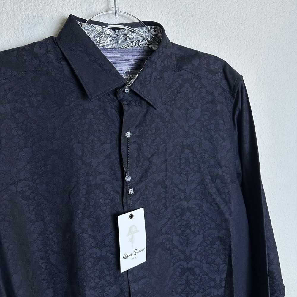 Robert Graham Bayview Black Damask Jacquard Button‎ Down Shirt Mens Small New